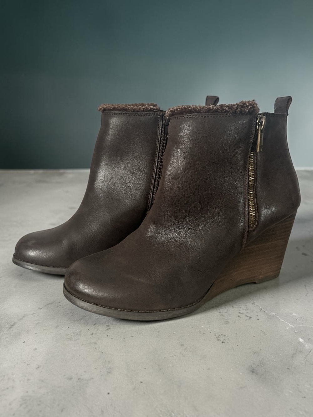 Lucky Brand Leather Faux Fur Wedge Ankle Boots